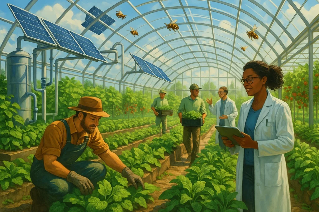 An inspiring illustration of sustainable greenhouse gardening revolutionizing American agriculture. A futuristic greenhouse with solar panels and water recycling systems, lush green plants growing in abundance, farmers and scientists collaborating, pollinators flying, and an atmosphere of innovation and sustainability.