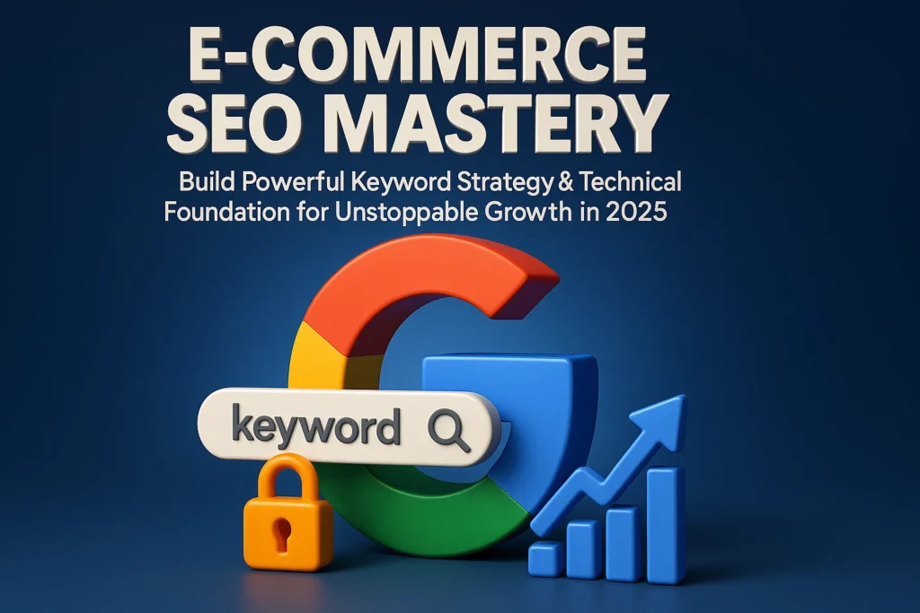 E-commerce SEO strategy infographic showing keyword research, content optimization and technical implementation steps for online store growth