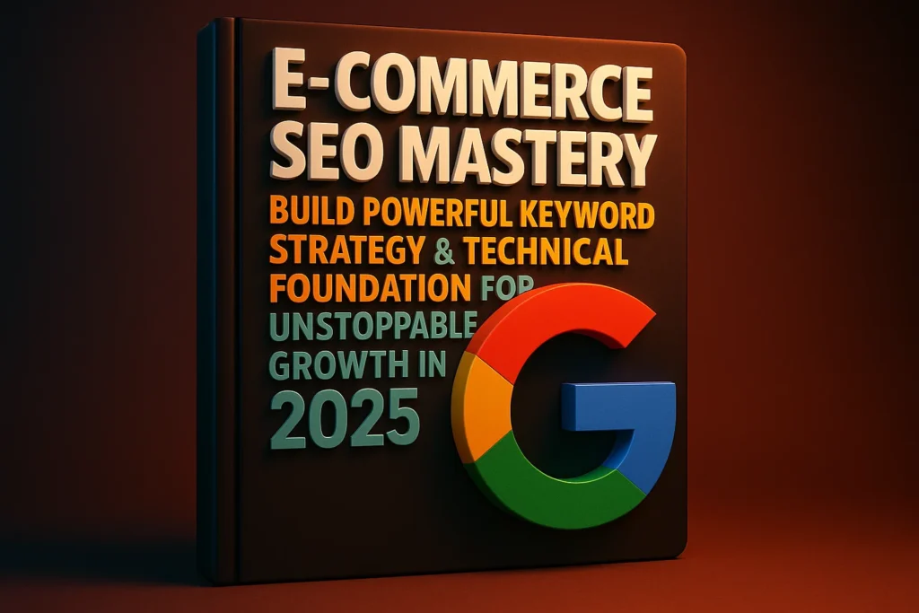 Advanced e-commerce SEO techniques infographic featuring internal linking strategy, heading optimization and performance analytics for online store success