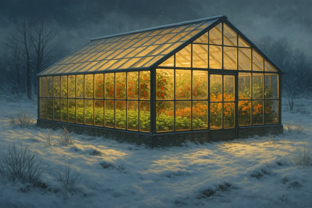 A modern greenhouse glowing warmly in the landscape, showing the power of season extension. Inside, crops thrive no matter the time of year—fresh greens, tomatoes, and colorful flowers growing despite snow and frost outside. The contrast between the cold winter environment and the lush, vibrant greenhouse interior symbolizes year-round success. Highly detailed, inspiring, and perfect for a professional book cover illustration.