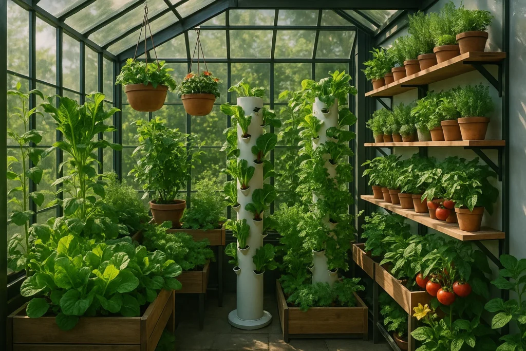 A compact but highly efficient greenhouse interior, designed with vertical growing towers, hanging planters, and smart shelving systems. Every inch of space is used wisely—lush vegetables, herbs, and flowers grow upward and outward in perfect harmony. Soft sunlight filters through glass panels, creating a bright, innovative, and inspiring atmosphere. The scene should feel modern, resourceful, and professional—ideal for a book cover about maximizing small greenhouse spaces for year-round production.